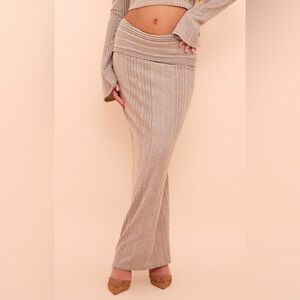 New PrettyLittleThing Oatmeal Rib Fold Over Waist Maxi Skirt - Size 12 US